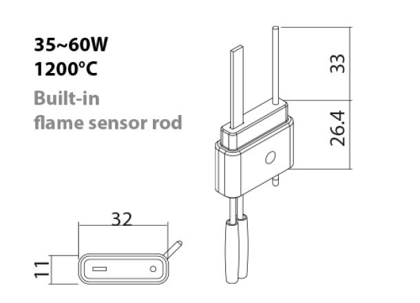 SNx-8-100 HSI ceramic igniter with built in flame rod drawing